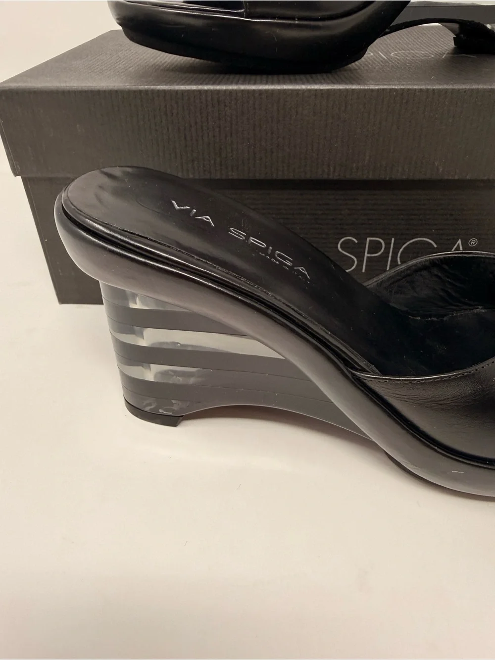 Via Spiga Black Leather Wedge Slide Sandals with Striped Heel